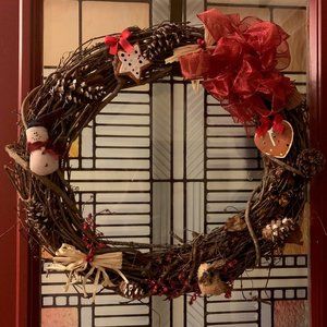 Winter Season Grapevine Wreath, Rustic with Red Accents, Artist-Made